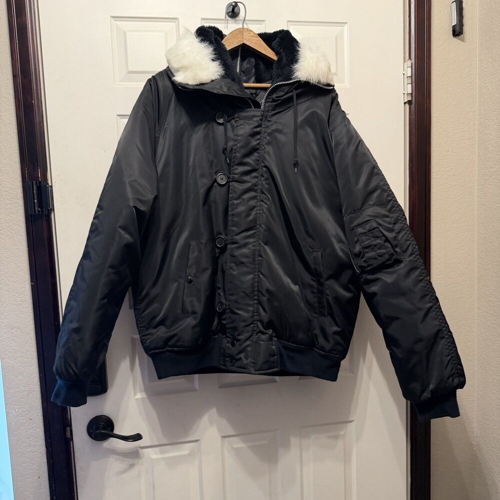 S.E.I. Co N-2B Flight Jacket Mens L Black Puffer Bomber Hood Vintage Military